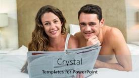  Presentation with newspaper - PPT theme having smiling couple lying in bed with a newspaper background and a light blue colored foreground