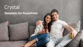  Presentation with apartment - Amazing theme having smiling couple man and woman in casual clothing sitting on sofa in apartment and looking on camera while with apple and tea in hands backdrop and a gray colored foreground