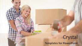  Presentation with packaging - Slides having smiling couple moving house during packaging background and a coral colored foreground