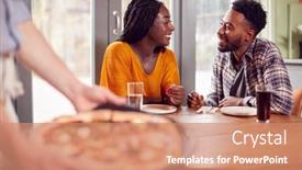  Presentation with restaurant waiter - Slide set featuring smiling-couple-on-date background and a coral colored foreground