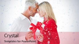  Presentation with falling snow - Slides enhanced with smiling couple passing a wrapped gift against snow falling background and a red colored foreground