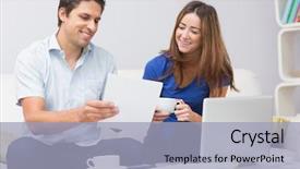  Presentation with online election - Slide set with smiling couple paying their bills background and a light blue colored foreground