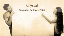  Presentation with white sheet - Cool new theme with smiling couple pointing on white sheet against grey background backdrop and a cream colored foreground