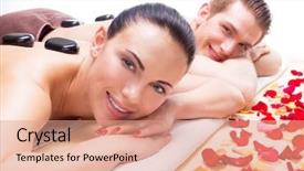  Presentation with spa salon - Cool new PPT layouts with smiling couple relaxing in spa backdrop and a coral colored foreground