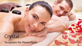  Presentation with portrait happy family smiling - Presentation theme with smiling couple relaxing in spa background and a coral colored foreground