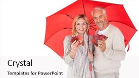  Presentation with under umbrella - Cool new PPT theme with smiling couple showing autumn leaves under umbrella on white background backdrop and a white colored foreground