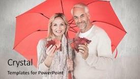  Presentation with under umbrella - Theme having smiling couple showing autumn leaves under umbrella against white background background and a coral colored foreground
