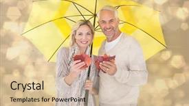  Presentation with under umbrella - Beautiful presentation design featuring smiling couple showing autumn leaves under umbrella against light glowing dots design pattern backdrop and a soft green colored foreground