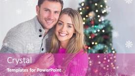  Presentation with snowflakes - Slides having smiling couple sitting together against fir tree forest and snowflakes background and a coral colored foreground