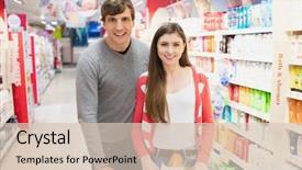  Presentation with supermarket trolley - Slides with smiling couple standing behind trolley in the supermarket background and a lemonade colored foreground