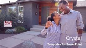  Presentation with for sale sign - Colorful presentation theme enhanced with smiling-couple-standing-outdoors backdrop and a coral colored foreground