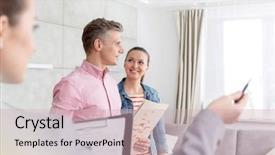  Presentation with brochure - Colorful theme enhanced with smiling couple standing with brochure backdrop and a soft green colored foreground