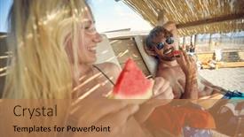  Presentation with eat - Slide deck having smiling-couple-sunbathing background and a  colored foreground