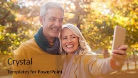  Presentation with selfie - Cool new slide set with smiling couple taking selfie against trees at park backdrop and a gold colored foreground