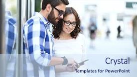  Presentation with smart city - Audience pleasing presentation theme consisting of smiling couple using smart phone backdrop and a sky blue colored foreground