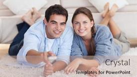  Presentation with carpet - Presentation theme with smiling couple watching tv while lying on a carpet in their living room background and a mint green colored foreground