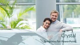  Presentation with car service - Slide deck with smiling couple with car in service background and a sky blue colored foreground