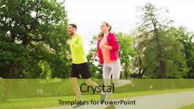  Presentation with sport hurdles - Slide set with smiling couple with earphones running background and a  colored foreground