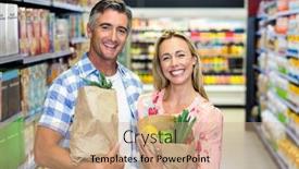  Presentation with grocery - Slide deck with smiling couple with grocery bags at the supermarket background and a coral colored foreground
