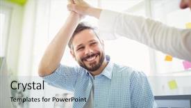  Presentation with coworkers - Amazing presentation theme having smiling coworkers giving high-five backdrop and a light blue colored foreground