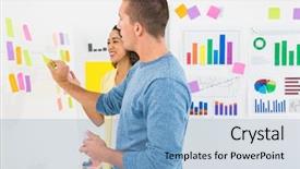  Presentation with coworkers - Presentation theme having smiling coworkers reading sticky notes in the office background and a light blue colored foreground