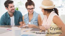  Presentation with coworkers - Slides with smiling coworkers using colour wheel in the office background and a coral colored foreground