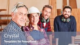  Presentation with craftsman - Cool new PPT layouts with smiling craftsman team with joiner trainees and senior boss in the workshop backdrop and a seafoam green colored foreground