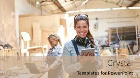  Presentation with craftsman - PPT layouts with smiling-craftsman-woman-in-carpentry background and a coral colored foreground