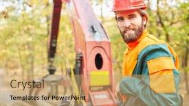  Presentation with crane - Beautiful PPT layouts featuring smiling-crane-operator-in-logging backdrop and a coral colored foreground