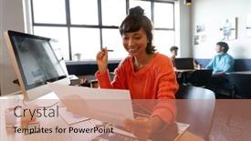  Presentation with business office desk - Slides with smiling-creative-asian-businesswoman background and a coral colored foreground