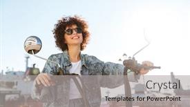  Presentation with motorbike - Colorful slide set enhanced with smiling curly woman in sunglasses rides on modern motorbike outdoors backdrop and a light gray colored foreground