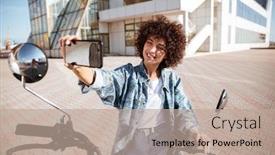  Presentation with motorbike - Beautiful slide deck featuring smiling curly woman sitting on modern motorbike outdoors and making selfie backdrop and a coral colored foreground