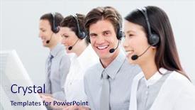  Presentation with customer service - Beautiful PPT theme featuring smiling customer service representatives backdrop and a sky blue colored foreground