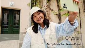  Presentation with city street - Slides enhanced with smiling-cute-asian-girl-wearing background and a soft green colored foreground