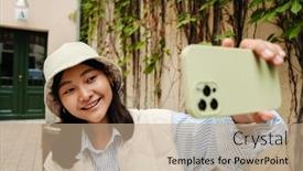  Presentation with city street - PPT theme enhanced with smiling-cute-asian-girl-wearing background and a coral colored foreground