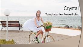  Presentation with windy weather - Slides having smiling cute young woman riding bicycle in windy weather on promenade background and a white colored foreground