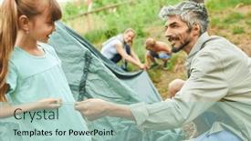 Presentation with tent - Presentation consisting of smiling-daughter-helping-father background and a mint green colored foreground