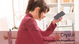  Presentation with deaf - Amazing slide set having smiling deaf woman using smartphone backdrop and a red colored foreground