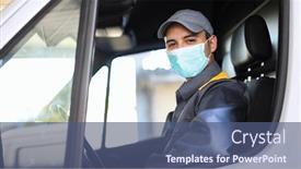  Presentation with covid coronavirus - Audience pleasing PPT layouts consisting of smiling-deliverer-man-driving backdrop and a ocean colored foreground