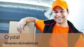  Presentation with delivery boy - PPT theme consisting of smiling delivery boy portrait background and a coral colored foreground