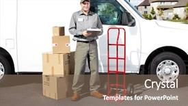  Presentation with courier delivery - PPT theme consisting of smiling delivery courier standing near background and a violet colored foreground