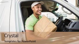  Presentation with delivery van - Presentation design with smiling delivery driver in his background and a coral colored foreground