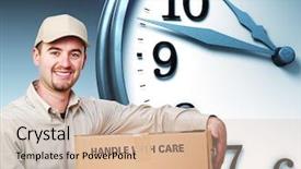  Presentation with time delivery - Audience pleasing slide deck consisting of smiling delivery man and 3d backdrop and a soft green colored foreground