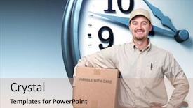  Presentation with time delivery - Cool new PPT theme with smiling delivery man and 3d backdrop and a coral colored foreground