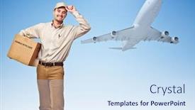  Presentation with cargo airplane - PPT layouts enhanced with smiling-delivery-man-and-cargo background and a sky blue colored foreground