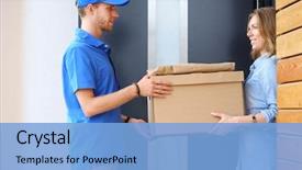  Presentation with courier - Presentation theme enhanced with smiling delivery man in blue background and a light blue colored foreground