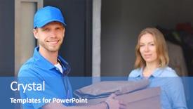  Presentation with express delivery service by motorcycle - Beautiful PPT theme featuring smiling delivery man in blue backdrop and a  colored foreground