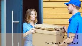  Presentation with courier - Presentation featuring smiling-delivery-man-in-blue background and a coral colored foreground