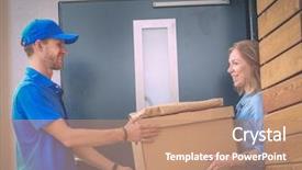 Presentation with courier - PPT layouts enhanced with smiling delivery man in blue background and a coral colored foreground