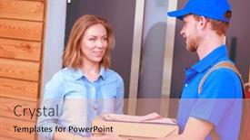 Presentation with courier - Beautiful slides featuring smiling-delivery-man-in-blue backdrop and a coral colored foreground